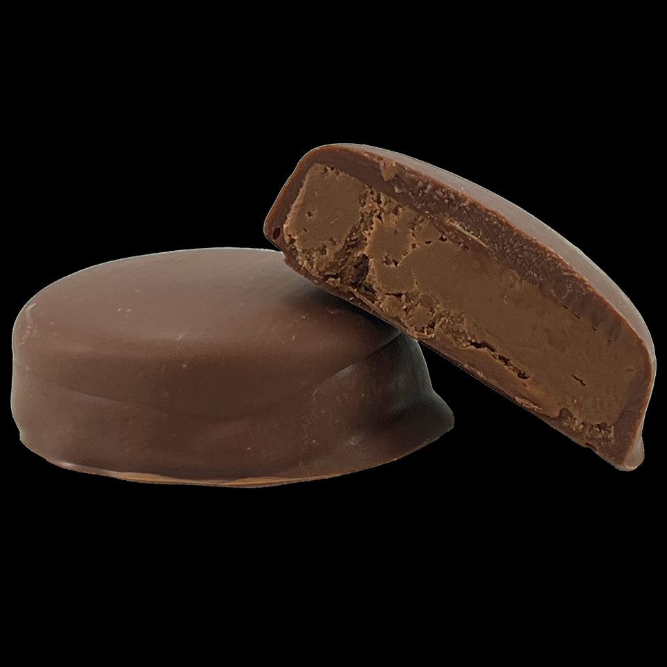 Chocolate-covered confection on a white background