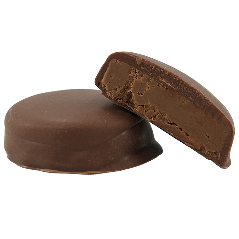 Chocolate-covered confection on a white background