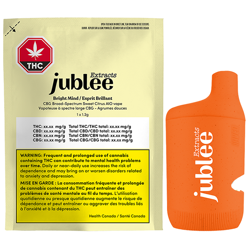 Orange vape device with 'jublee' branding next to a yellow packaging sleeve with the same branding.