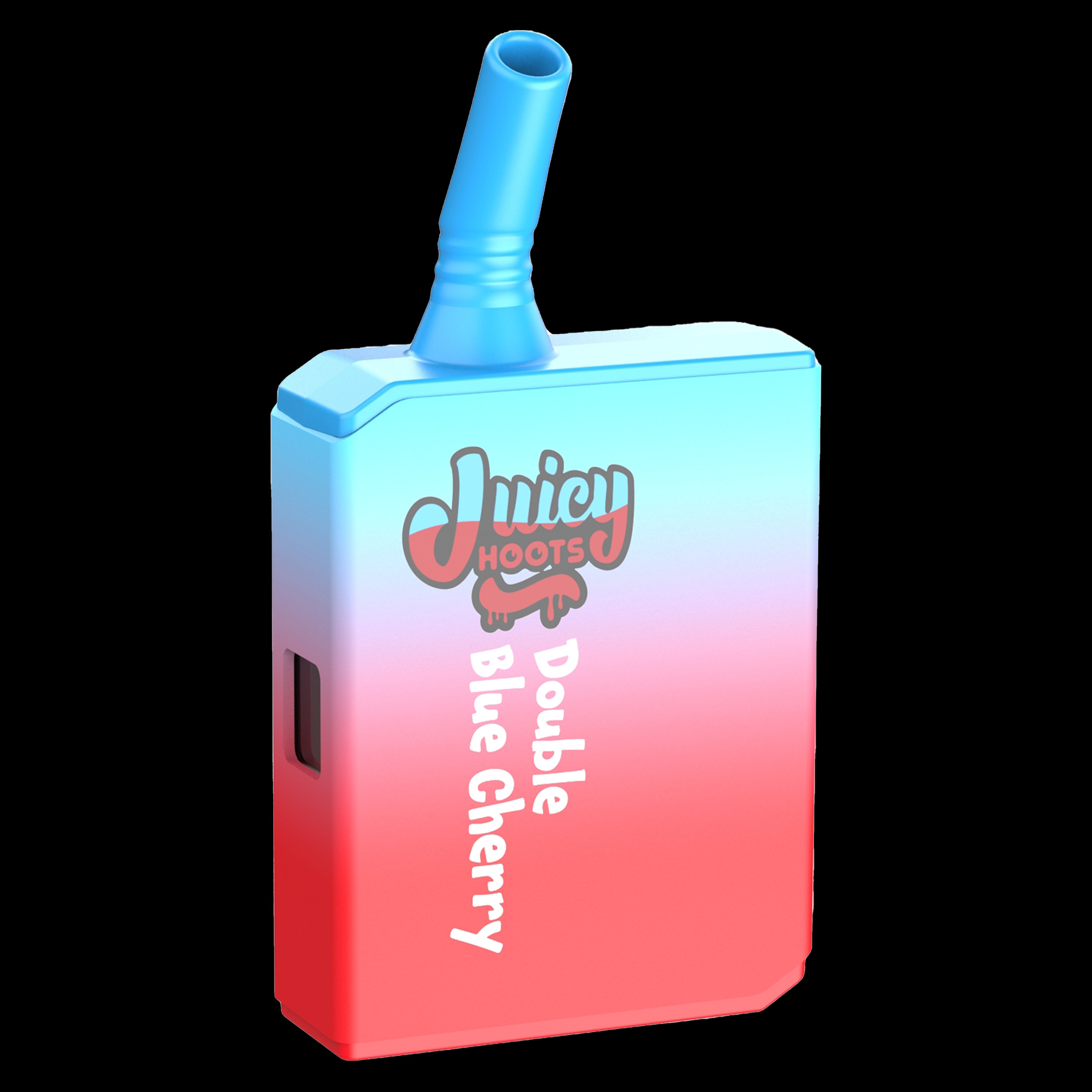 A disposable AIO vape cartridge with a blue mouthpiece and a red to blue gradient design, labeled 'Juicy Hoots Double Blue Cherry'.