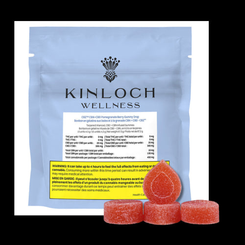 Packaging of Kinloch Wellness CBZ™ CBN + CBD Pomegranate Berry Gummies with image of the gummies in front.