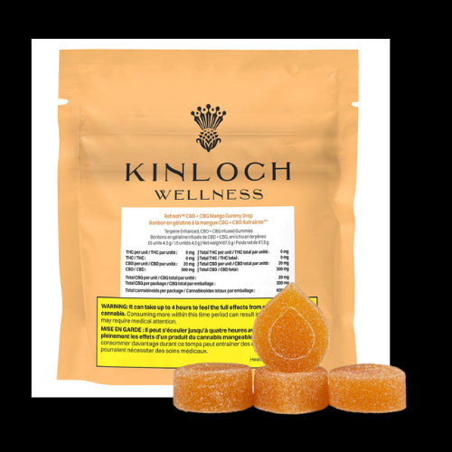Packaging for Kinloch Wellness CBG + CBD Mango Gummy Drops with three gummy candies in the front. The packaging is primarily orange and gold with product information and branding visible.