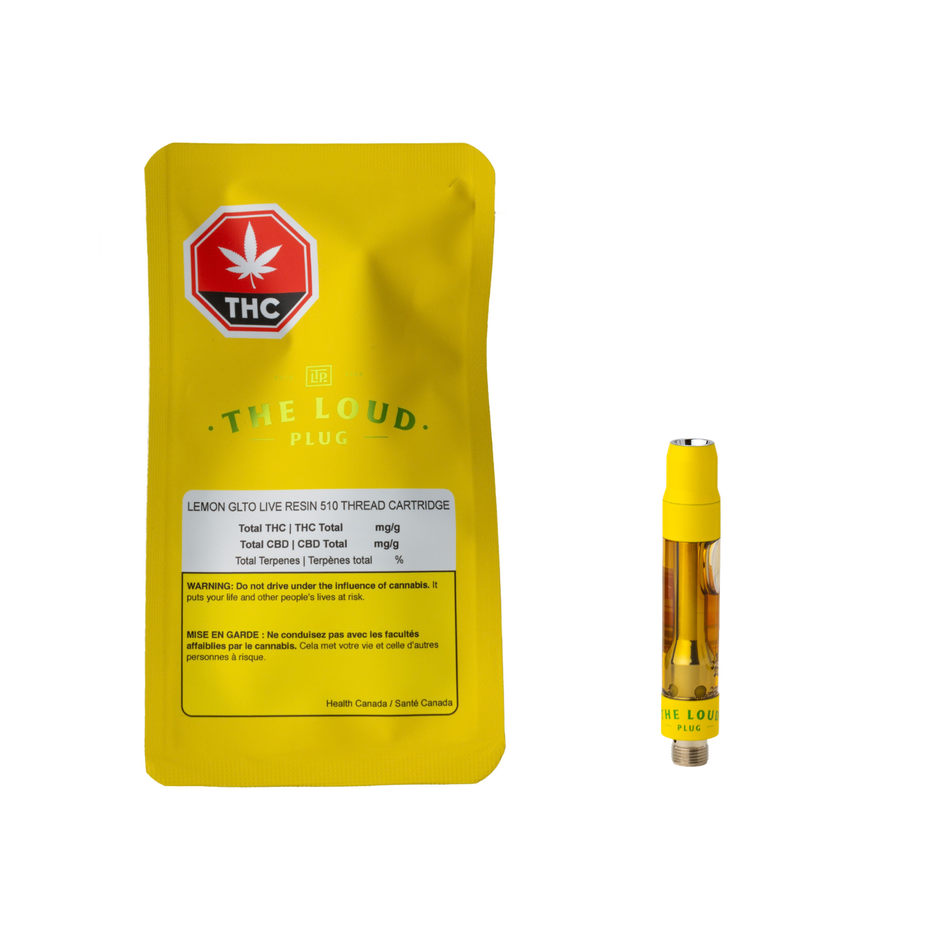 A yellow pouch of 'The Loud Plug' lemon olfo live resin 819 thread cartridge next to a matching yellow and clear disposable vape cartridge on a white background.