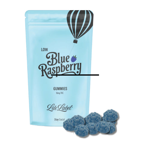 A package of Lite Label Low Blue Raspberry Gummies with several blue raspberry flavored gummies displayed in front.