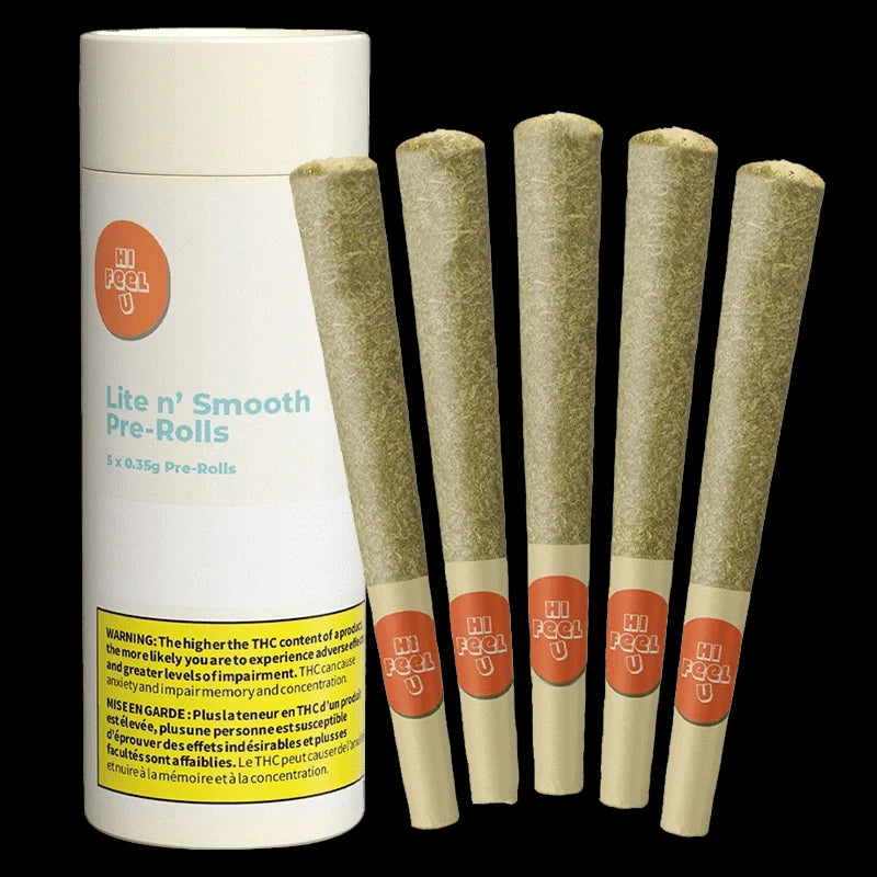 Pre-rolled joints with a packaging tube labeled 'Hi FUEL U' on a white background
