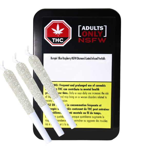Product packaging for NSFW Bumpin’ Blue Raspberry Diamond Coated Infused Pre-Rolls with THC warning label, indicating adult usage.