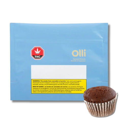 A packaged Espresso Brownie baked good with a blue wrapper, displaying a THC warning label, and a small image of a brownie in front.