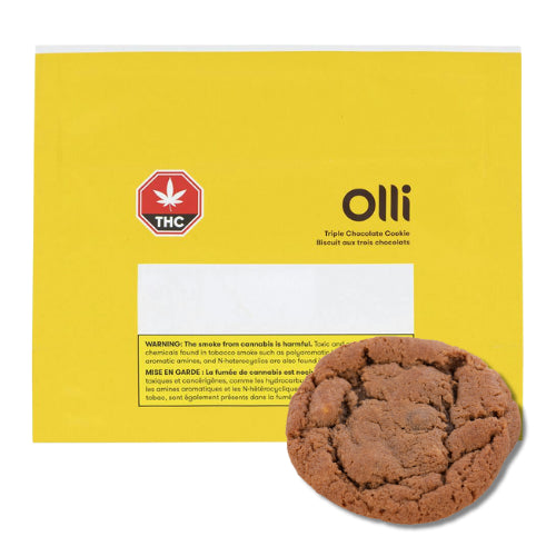 Packaging of Olli Triple Chocolate Cookie with a picture of the cookie in front. The package has branding and product information, including a cannabis leaf symbol indicating cannabis content.