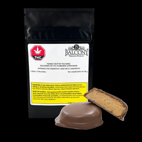 Packaging of Balcony brand Peanut Butter Squares with one chocolate square partially eaten to show the peanut butter filling inside.