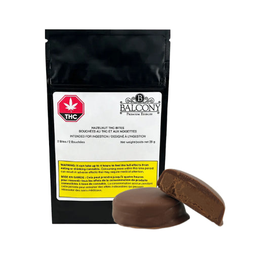 Packaging of Balcony Hazelnut Squares with two chocolate squares in front, indicating 5 mg THC content.