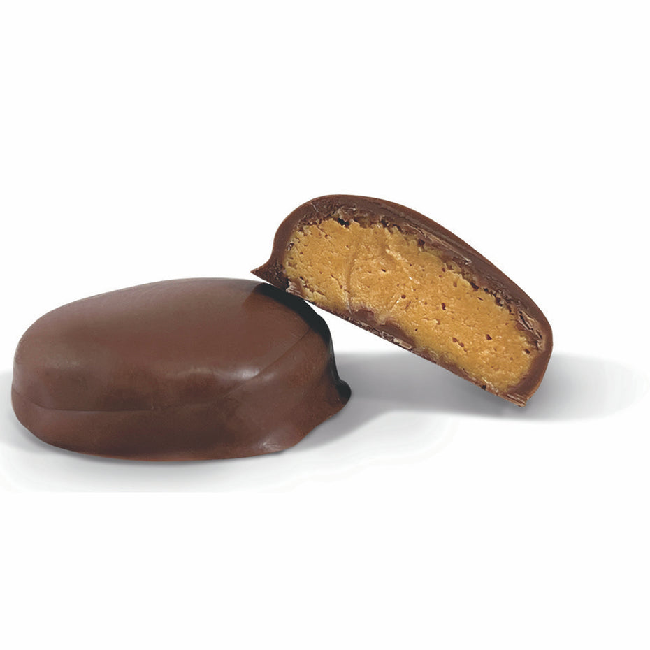 Chocolate-covered peanut butter ball on a white background
