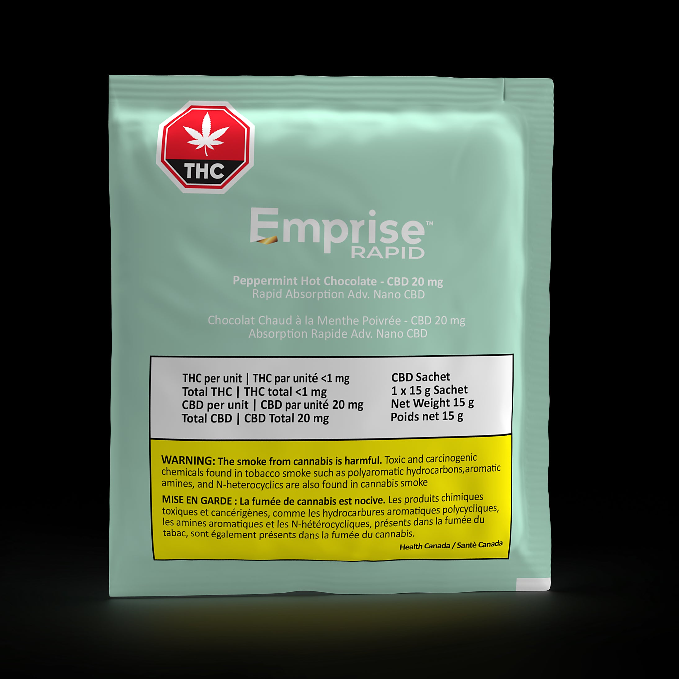 Packaging of Emprise Peppermint Hot Chocolate with 20mg CBD content, in a sealed sachet with branding and dosage information.