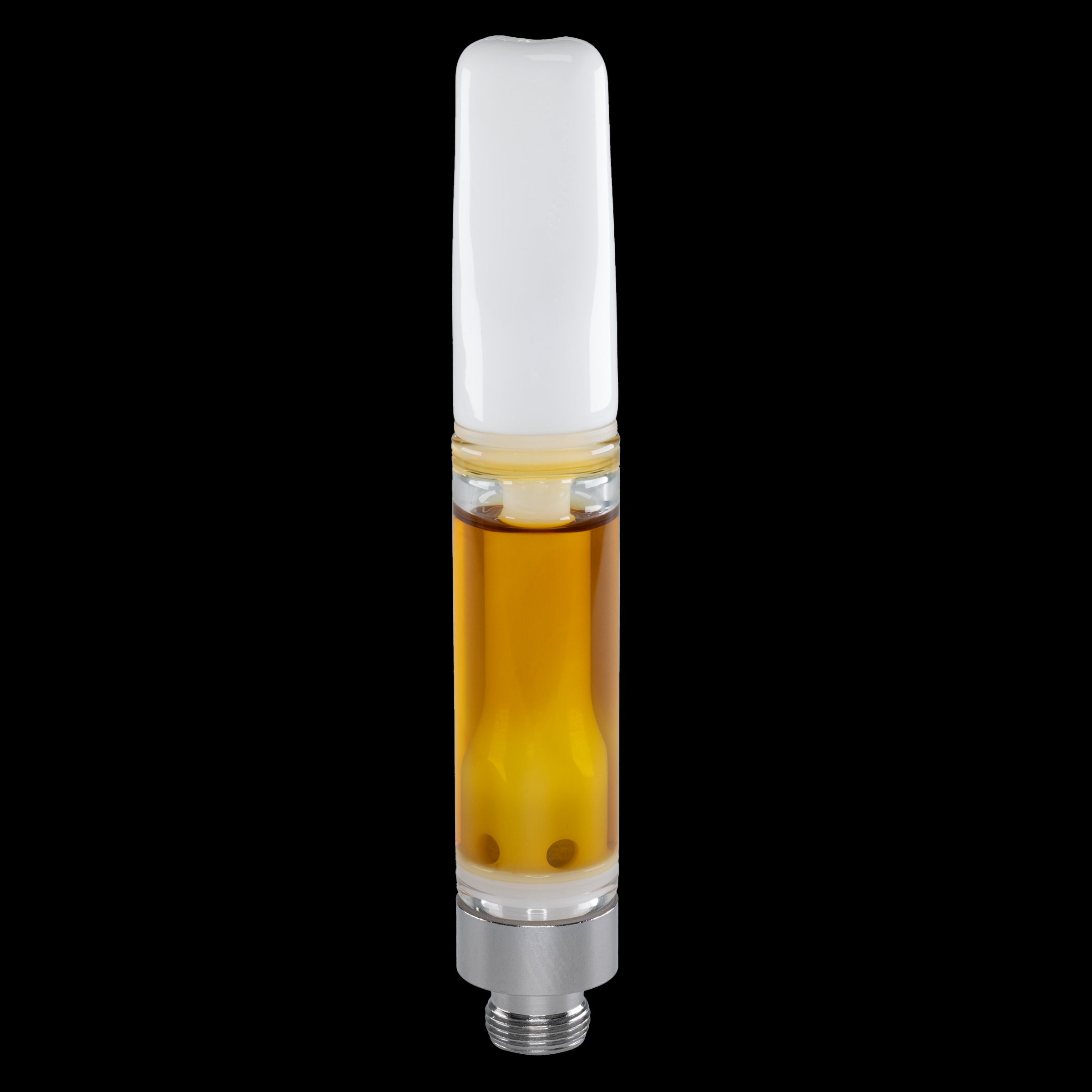 Vape cartridge with amber liquid on a white background