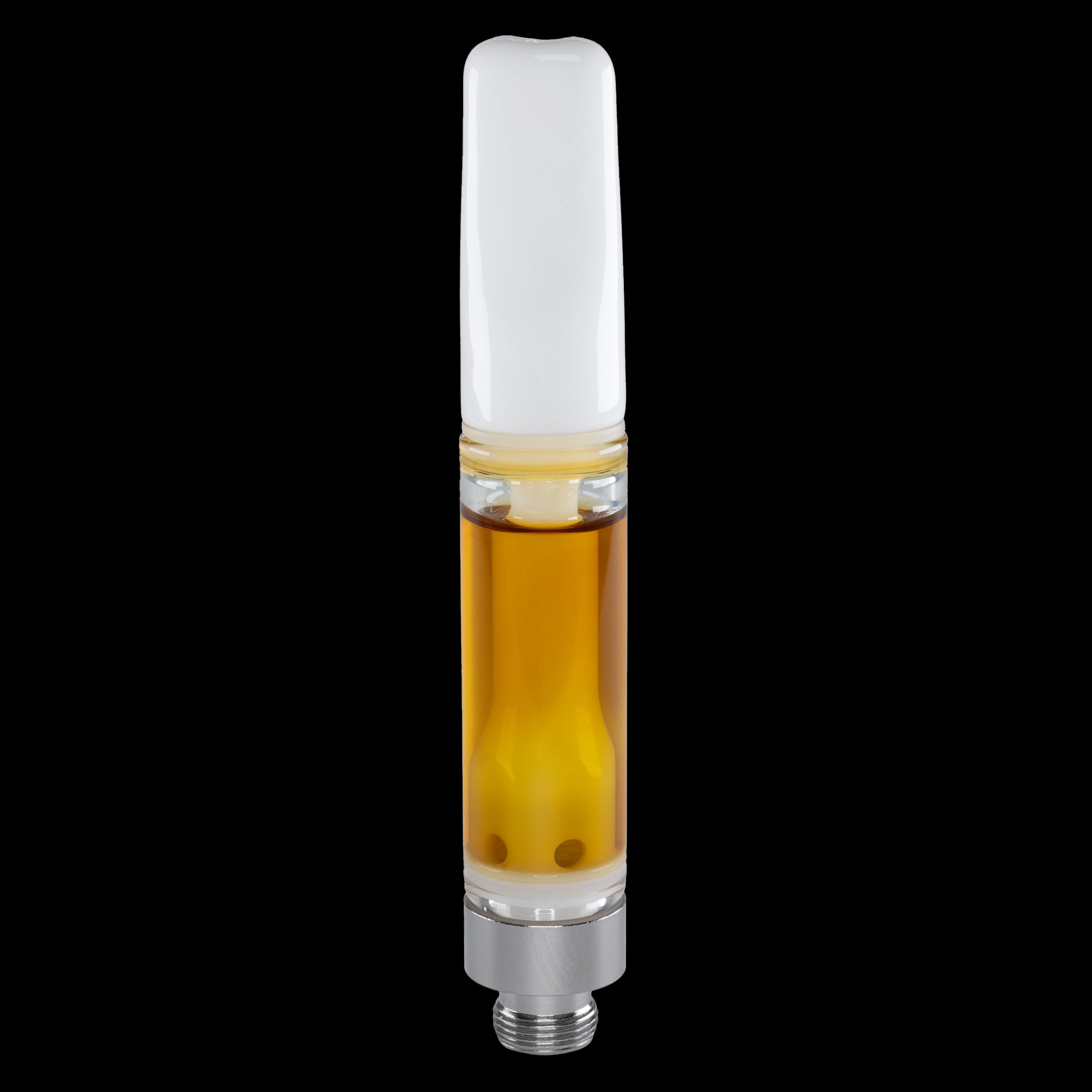 Vape cartridge with amber liquid on a white background