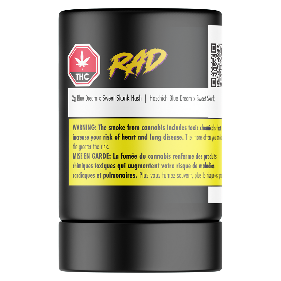 Black container with yellow and white label featuring the brand 'RAD' on a white background