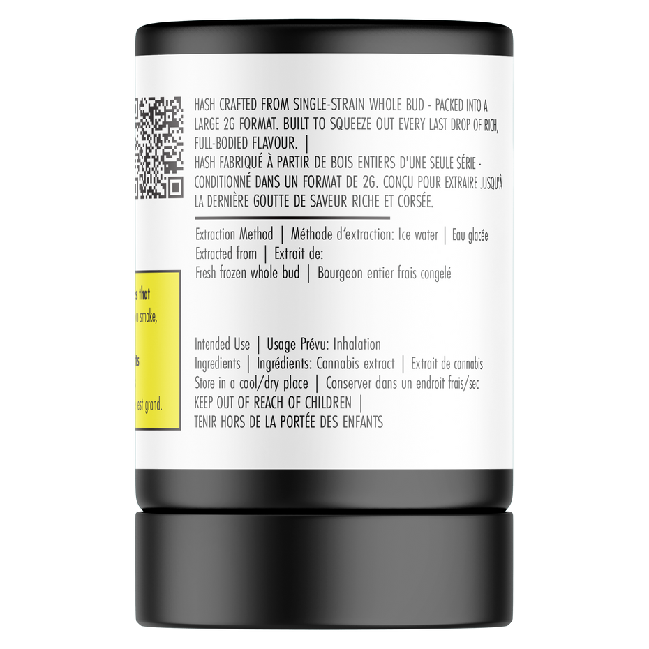 Cannabis product packaging with label and QR code on a white background