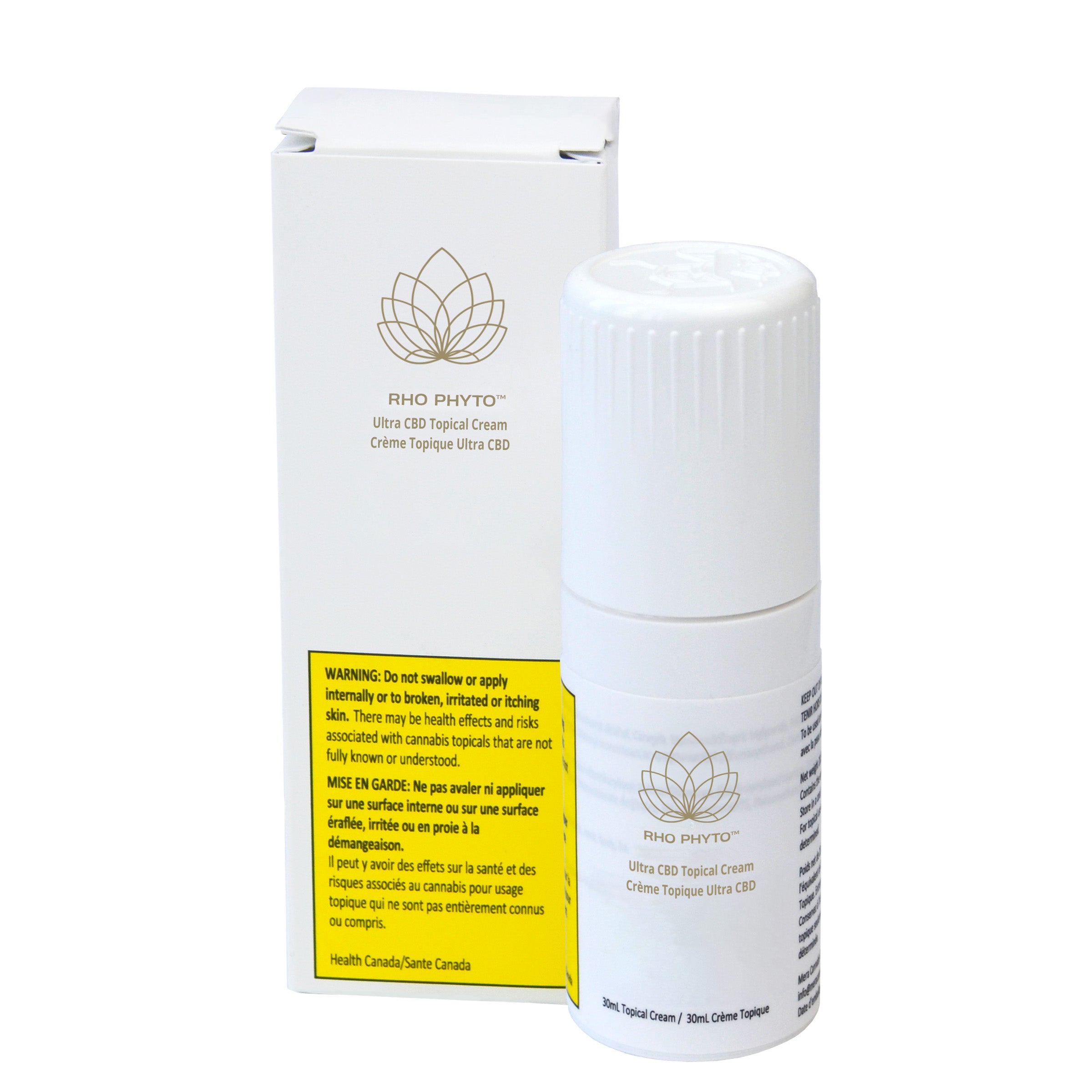 Packaging of RHO Phyto Ultra CBD Topical Cream, showing the box and the tube with product information and branding.