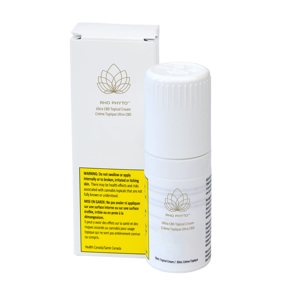 Packaging of RHO Phyto Ultra CBD Topical Cream, showing the box and the tube with product information and branding.