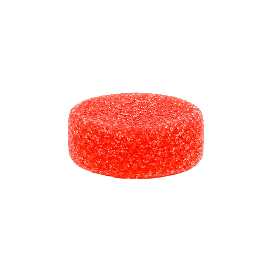 A single round, bright red gummy candy coated in sugar, shown against a plain white background.