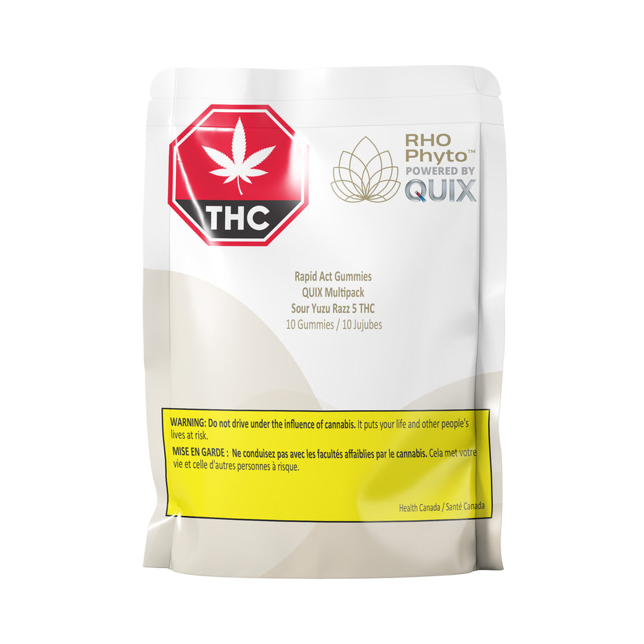 A stand-up pouch of RHO Phyto Powered by QUIX THC Rapid Act Gummies, featuring a white package with a red and black THC logo, a gold lotus logo, and a yellow warning label at the bottom.