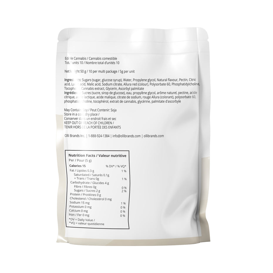 A white stand-up pouch of Elb-Brands 'El Be' Cannabis convertible snack mix, showing the back side of the packaging with printed text, a nutrition label, and a barcode on a white background.