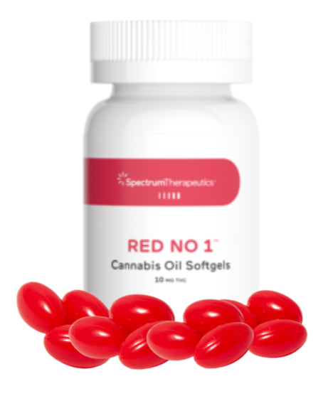 A bottle of Spectrum Therapeutics RED NO 1 Cannabis Oil Softgels with several red capsules displayed in front of the bottle.