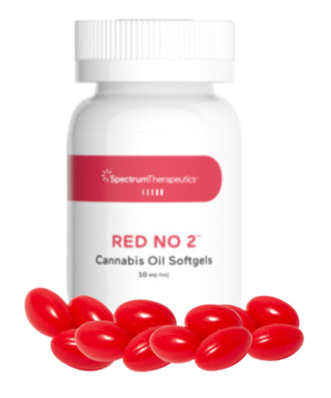 A bottle of Spectrum Therapeutics RED NO 2 Cannabis Oil Softgels with multiple red capsules displayed in front.