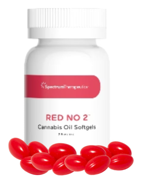 A bottle of Spectrum Therapeutics Red No 2 Cannabis Oil Softgels with several red capsules displayed in front of the bottle.