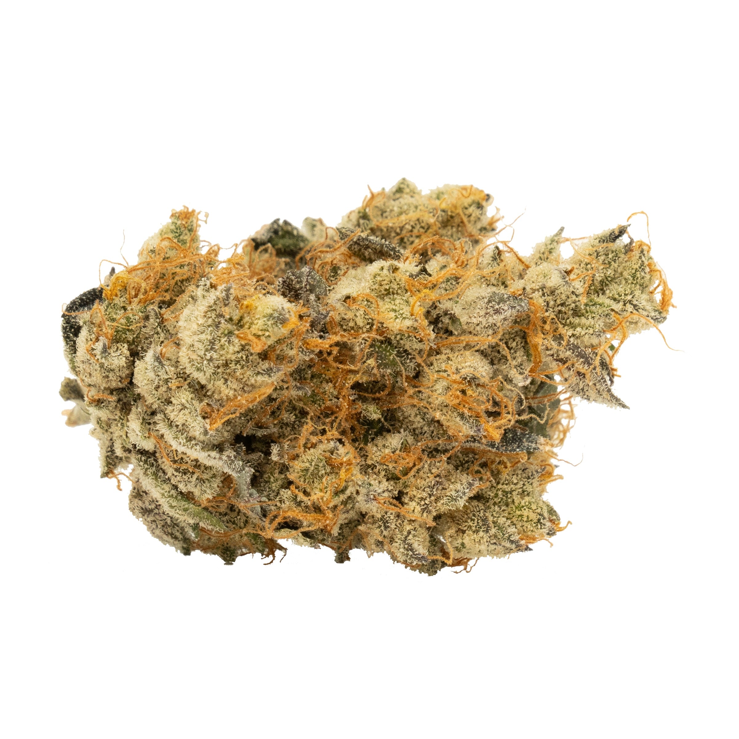 A close-up image of a cannabis flower with a dense cluster of trichomes visible.