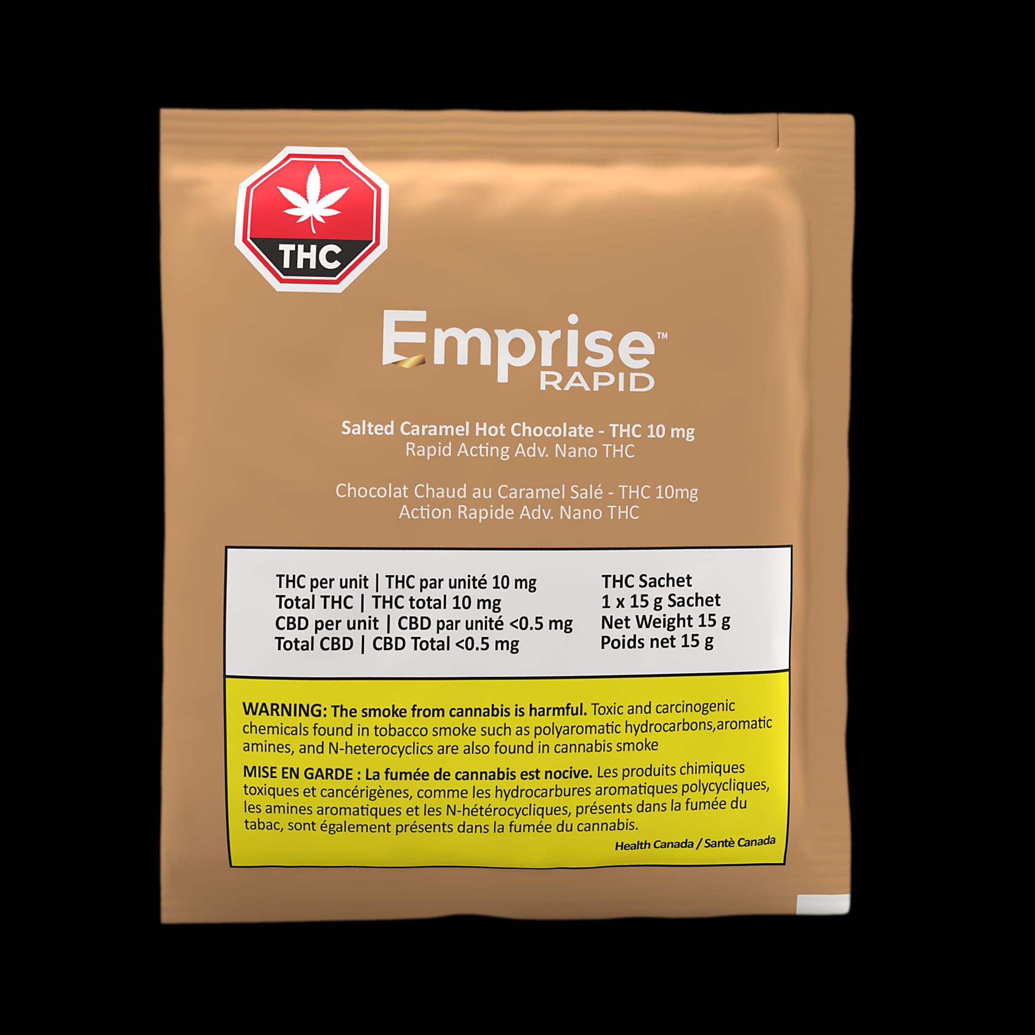 A packaged product labeled 'Emprise' with a cannabis leaf icon, indicating it is a product containing THC. The package is brown with text and a warning label.