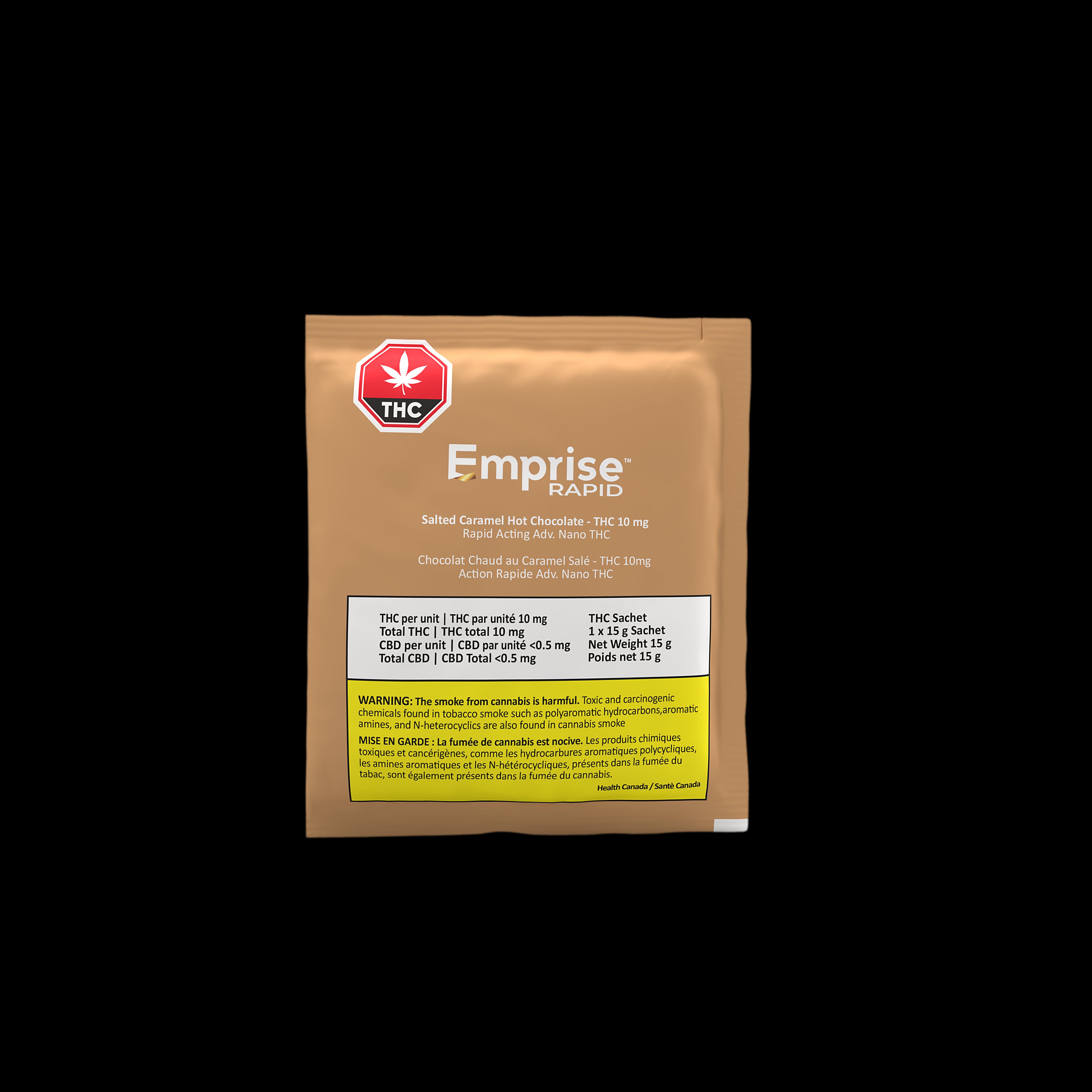 A packaged product labeled 'Emprise' with a cannabis leaf icon, indicating it is a product containing THC. The package is brown with text and a warning label.
