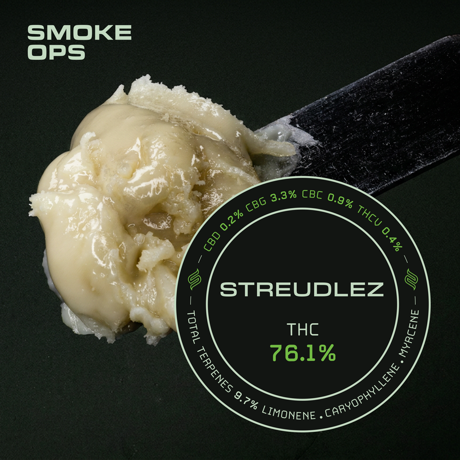 A spoonful of creamy off-white cannabis balm or wax on a black background, with a circular label reading STREUDLEZ THC 76.1% and green text including CBD, CBG, CBN, THC, and terpene details.