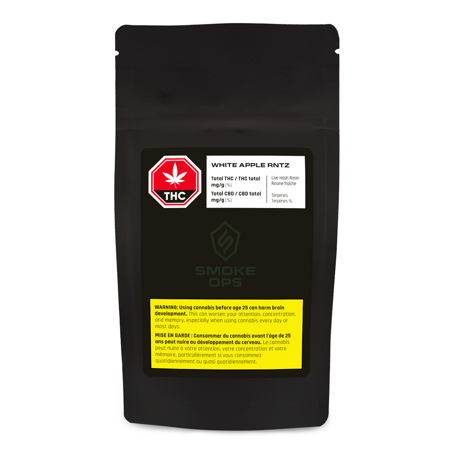 A black stand-up pouch of Smoke Ops Streudlez THC disposable vape cartridges, featuring a white and red THC warning label and a yellow warning label on a white background.