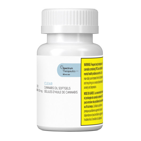White bottle of Spectrum Therapeutics cannabis oil softgels on a white background