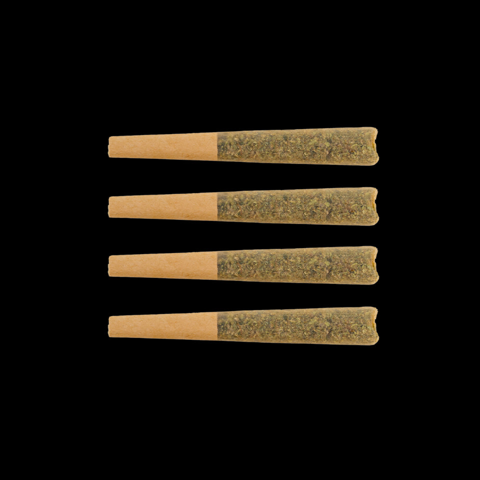 This image displays a set of three pre-rolled joints, each infused with the Raspberry Guava Gelato, showcasing a detailed view of the product before packaging. The pre-rolls are rolled with precision, displaying the characteristic dark green and yellow hues of the cannabis plant, indicative of its natural contents and quality.