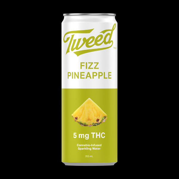 A can of Tweed Fizz Pineapple drink with a depiction of a pineapple and the indication of 5 mg THC.