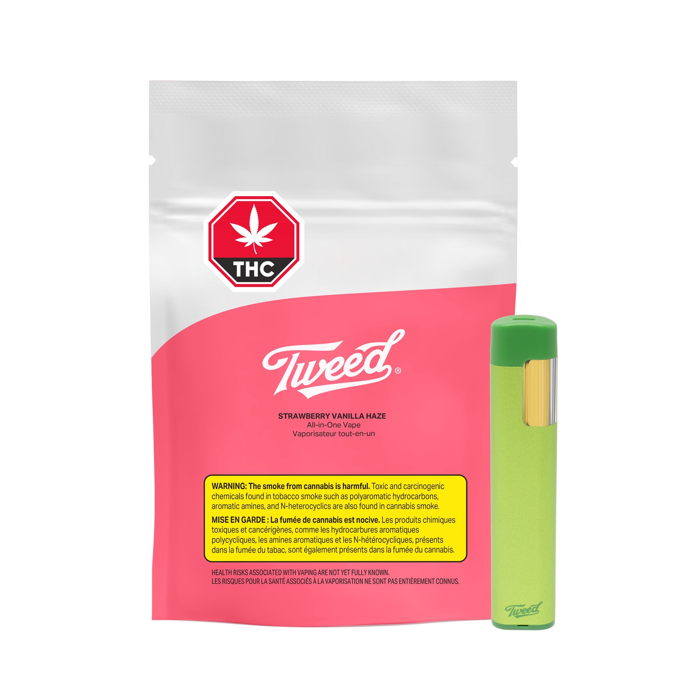 Packaging of Tweed Strawberry Vanilla AIO Vape Pen, displaying the product name, THC content, and an image of the vape pen.