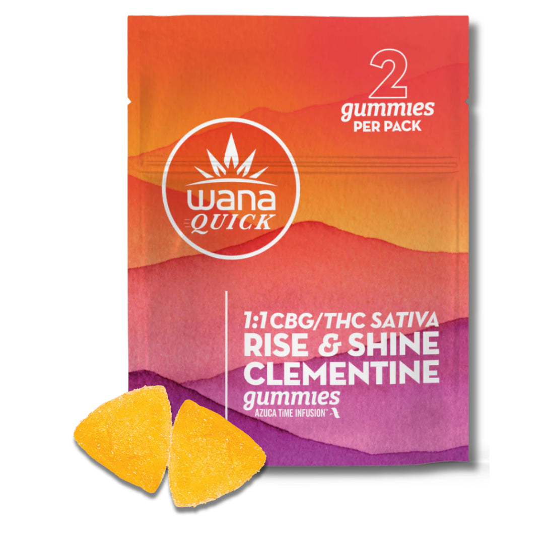 Packaging of Wana Quick Rise and Shine Clementine Gummies with two gummies displayed in front. The background is colorful with shades of purple, pink, and orange.