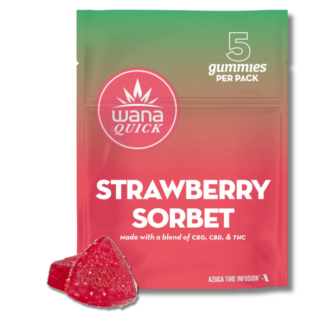 Packaging for Wana Quick Strawberry Sorbet gummies, showing the product name and the number of gummies per pack. The design includes a picture of a red gummy candy.