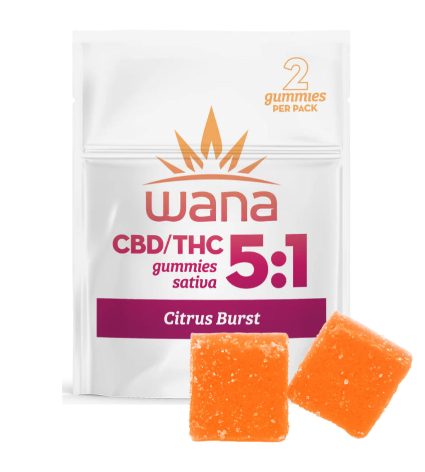 Packaging of Wana Citrus Burst Gummies with two gummies in front, indicating a citrus flavor and CBD/THC content.