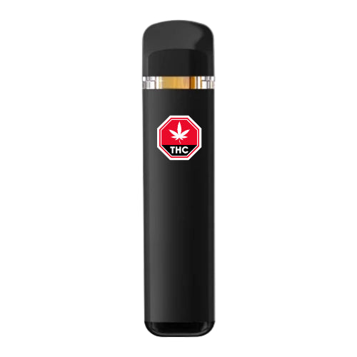 A black cylindrical AIO vape cart with a red and white THC logo on the top.