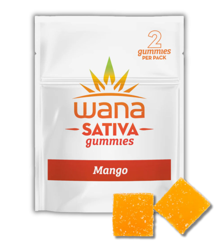 Packaging of Wana Mango Sativa Gummies with two visible gummy candies in front.
