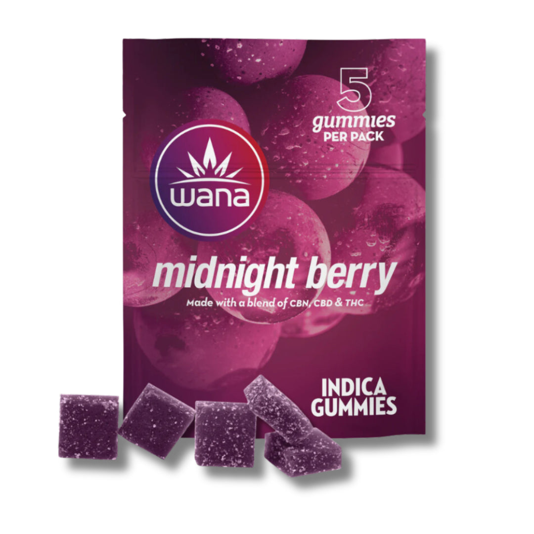 Packaging for Wana Classic CBN Midnight Berry Indica Gummies showing the product name and image of the gummies, with a background of purple grapes.