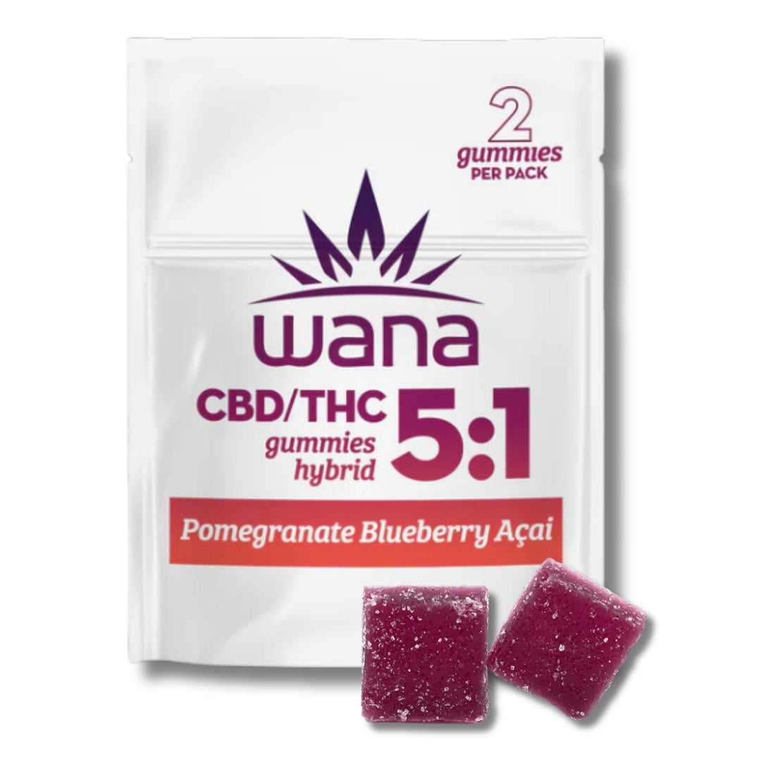 Packaging of Wana CBD/THC gummies with a 5:1 ratio, featuring Pomegranate Blueberry Acai flavor. The package contains 2 gummies and displays the product name and flavor prominently.