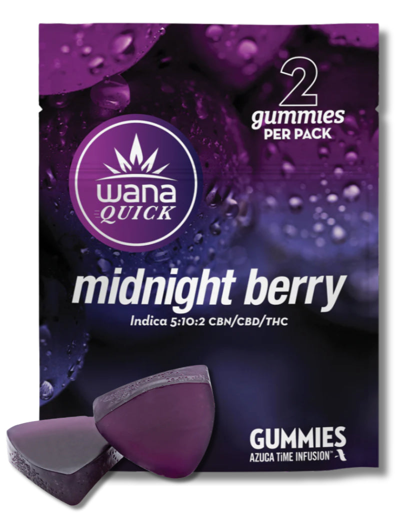 Packaging of Wana Quick CBN Midnight Berry Gummies showing the product name and count of 2 gummies per pack, with a purple and black berry-themed background.