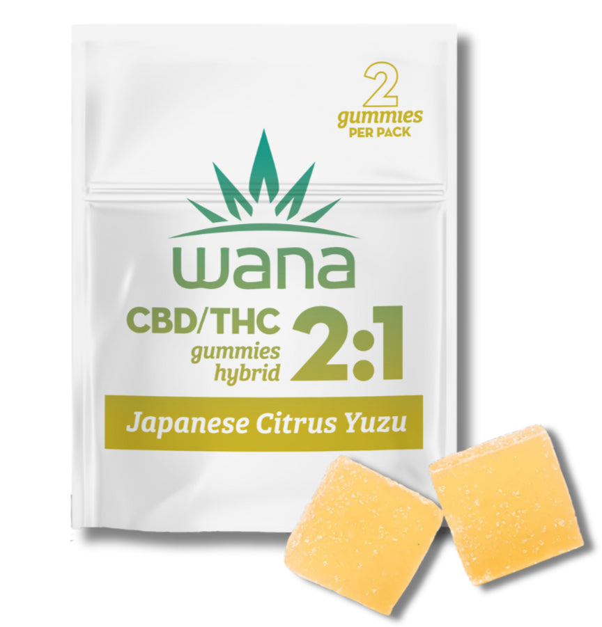 Packaging of Wana Japanese Citrus Yuzu Gummies showing the product name and count of 2 gummies per pack. The gummies are displayed in front of the package.