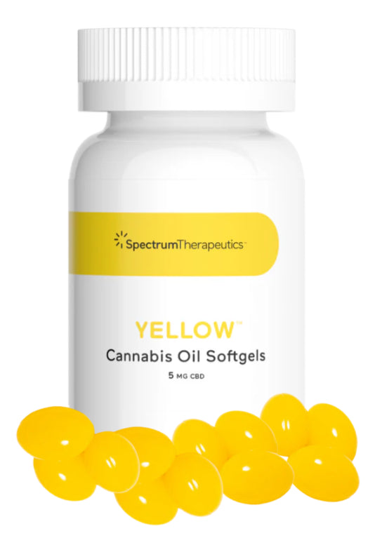 A bottle of Spectrum Therapeutics Yellow Cannabis Oil Softgels with 5 mg CBD per capsule. The bottle label is white with yellow text, and there are yellow capsules displayed in front of the bottle.