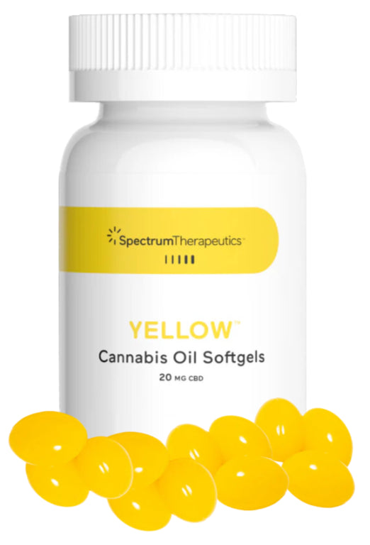A bottle of Spectrum Therapeutics Yellow Cannabis Oil Softgels with several yellow capsules displayed in front.