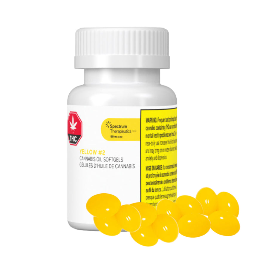 A bottle of Spectrum Yellow #2 softgels with 30x50mg of terpenes, next to several loose softgel capsules displayed in front.