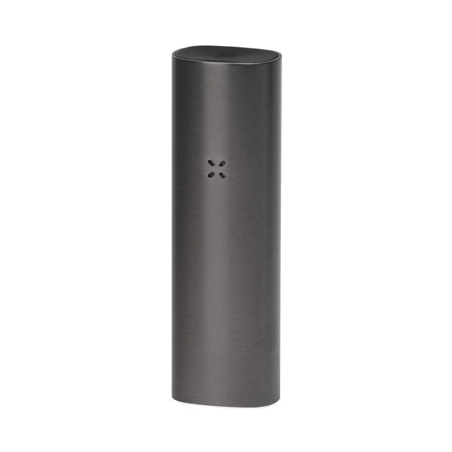 Black cylindrical device with a logo on a white background